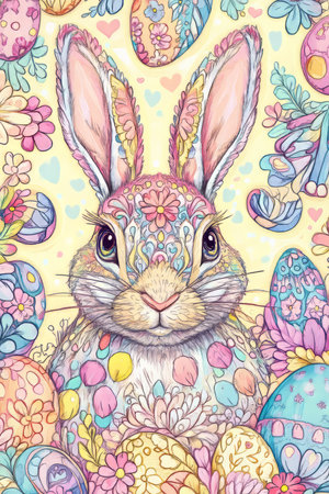 A detailed, hand-drawn Easter Bunny mandala filled with intricate floral and egg-shaped patterns in soft pastel colors.の素材