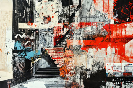 A high-contrast brutalist collage with layered urban elements, worn-out posters, and chaotic street textures.の素材