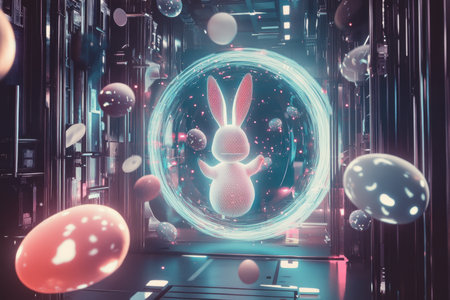 A digital Easter Bunny appearing through a futuristic portal, surrounded by holographic Easter eggs in a high-tech world.の素材