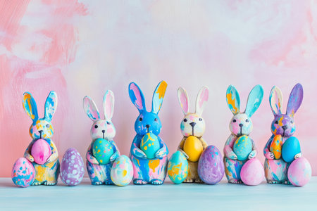 A group of Easter Bunnies painted in abstract patterns, each holding a brightly colored egg, with a minimalist pastel-colored background.の素材