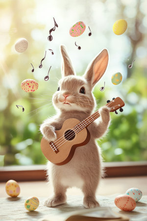 A cute and playful Easter Bunny playing a tiny ukulele, with tiny musical notes forming colorful Easter eggs in the air.の素材
