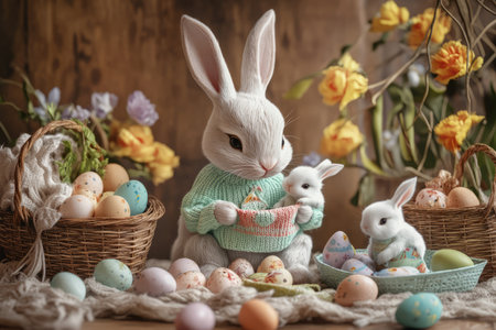 A cozy scene of an Easter Bunny knitting tiny sweaters for his baby bunnies, surrounded by baskets of colorful Easter eggs and soft pastel yarn.の素材