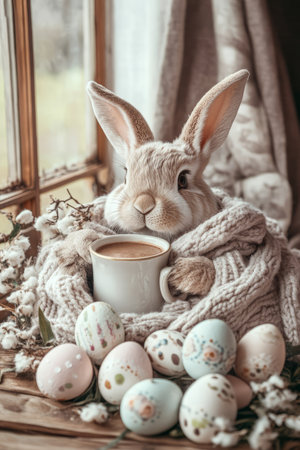 A cozy Easter Bunny wrapped in a fluffy knitted blanket, sipping hot cocoa while sitting next to a pile of hand-decorated Easter eggs.の素材