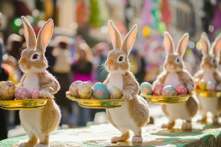 A festive Easter Bunny parade marching through a town square, each bunny carrying a beautifully decorated Easter egg on a golden platter.の素材