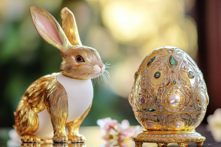 A luxurious golden Easter Bunny standing beside a FabergÃÂ©-style egg, both adorned with intricate gemstone patterns and elegant metallic accents.の素材