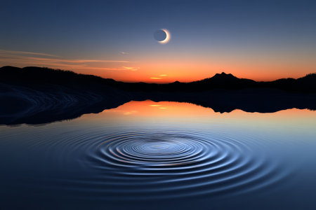 A surreal water reflection effect with inverted sky and deep, infinite ripples in a twilight setting.の素材