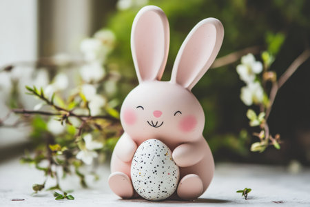 A sweet cartoon-style Easter Bunny with chubby cheeks and floppy ears, gently cradling a tiny, speckled Easter egg in its paws.の素材