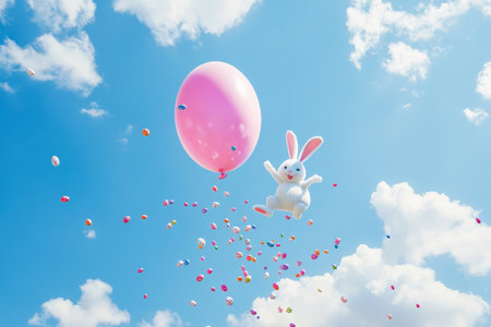 A surreal Easter Bunny floating through the sky on a giant pink balloon, scattering tiny Easter eggs like confetti below.の素材