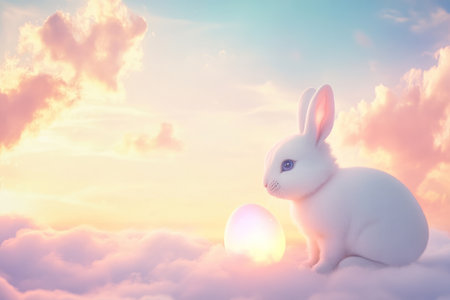 A serene Easter Bunny sitting next to a glowing egg, surrounded by a soft, pastel sky and clouds that seem to float by in slow motion.の素材