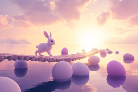 A surreal Easter Bunny walking on a bridge made of floating pastel eggs, with a glowing sunset in the background.の素材