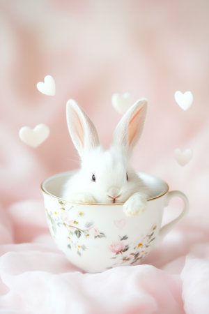 A soft pastel Easter Bunny curled up inside a teacup, with tiny floating hearts and flowers surrounding it, radiating warmth and cuteness.の素材