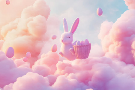 A pastel-colored dreamscape where an Easter Bunny floats through fluffy pink clouds, placing glowing Easter eggs into invisible baskets.の素材