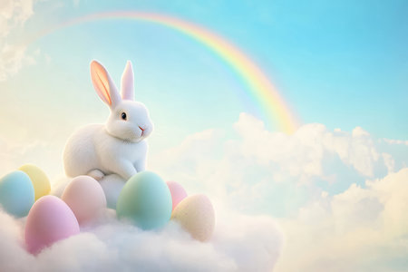 A whimsical Easter Bunny perched on a cloud, with pastel-colored eggs surrounding it and a gentle rainbow arcing across the sky.の素材
