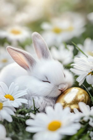 A tiny Easter Bunny curled up inside a daisy, peacefully sleeping with a tiny golden Easter egg beside it.の素材