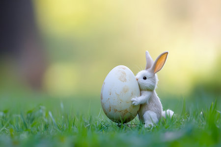 A tiny Easter Bunny holding a massive Easter egg, struggling to balance it as it wobbles humorously.の素材