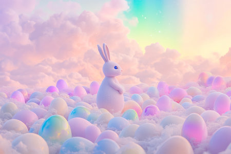 A surreal Easter Bunny standing in a field of holographic Easter eggs, as a glowing aurora light illuminates the pastel-colored landscape.の素材