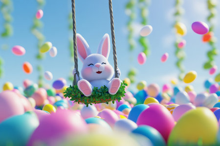 A playful Easter Bunny sitting in a swing made of vines, swinging over a field of brightly colored Easter eggs.の素材