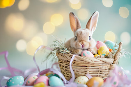A tiny, chubby Easter Bunny squeezing into a woven basket full of Easter eggs, looking adorably content as pastel ribbons flutter around.の素材