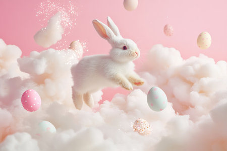 A playful Easter Bunny bouncing on fluffy cotton candy clouds, leaving behind a sparkling trail of floating Easter eggs in soft pastel tones.の素材