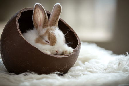 A tiny, adorable Easter Bunny peeking out from inside a large chocolate egg, its ears twitching as it sniffs the delicious scent.の素材