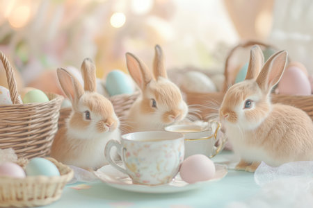 A warm and inviting Easter Bunny cafÃÂ©, where fluffy bunnies sip tiny cups of tea, surrounded by baskets of pastel-colored Easter eggs.の素材