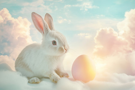 A serene Easter Bunny sitting next to a glowing egg, surrounded by a soft, pastel sky and clouds that seem to float by in slow motion.の素材