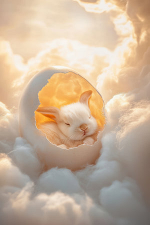 A tiny baby Easter Bunny sleeping inside a large, cracked Easter egg, surrounded by soft, fluffy clouds and warm, golden sunlight streaming through.の素材