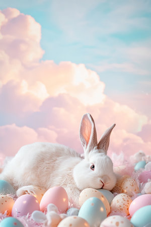 A peaceful Easter Bunny lying on its back, surrounded by glowing Easter eggs and soft pastel clouds in the sky.の素材