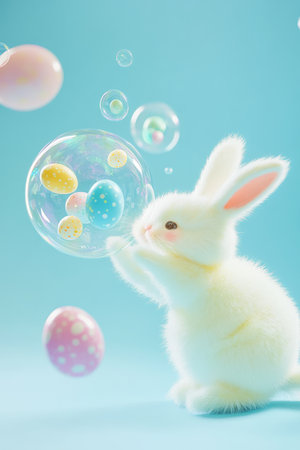 A whimsical Easter Bunny blowing pastel-colored bubbles, each bubble containing tiny floating Easter eggs inside.の素材
