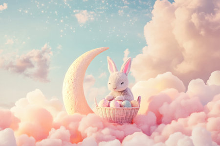 A surreal Easter Bunny sitting on a crescent moon, with a basket of sparkling eggs and soft pastel clouds surrounding it in a dreamy sky.の素材
