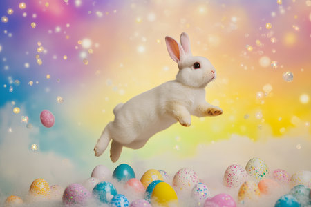 A playful Easter Bunny jumping over a patch of colorful, geometric Easter eggs, surrounded by floating sparkles in a vibrant sky.の素材