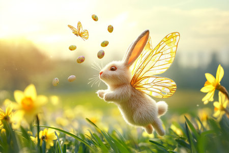 A whimsical Easter Bunny with butterfly wings, gracefully flying above a field of daffodils, sprinkling tiny Easter eggs like flower petals in the breeze.の素材