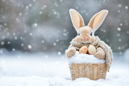 A winter-themed Easter Bunny wrapped in a cozy scarf, carefully placing Easter eggs into a snow-covered basket.の素材