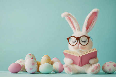 A playful Easter Bunny wearing oversized glasses, reading a tiny book while sitting next to a stack of painted Easter eggs in pastel tones.の素材