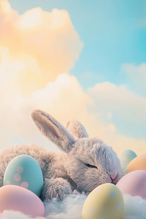A peaceful Easter Bunny lying on its back, surrounded by glowing Easter eggs and soft pastel clouds in the sky.の素材