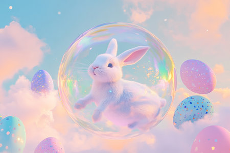A surreal scene of an Easter Bunny floating in a bubble, surrounded by pastel-colored Easter eggs and a glowing pastel sky.の素材