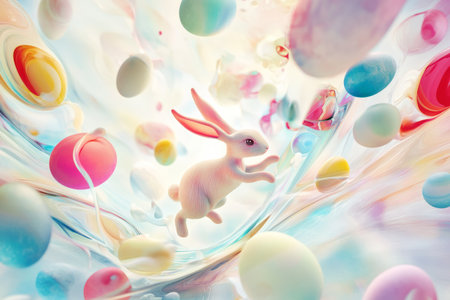 A surreal Easter Bunny with elongated, dream-like features, hopping through a colorful and abstract landscape of eggs and soft light.の素材
