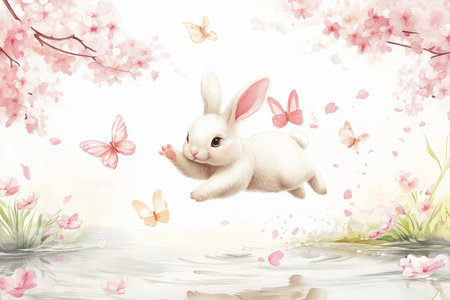 A watercolor Easter Bunny leaping over a gentle stream, surrounded by cherry blossom petals and soft pastel butterflies.の素材