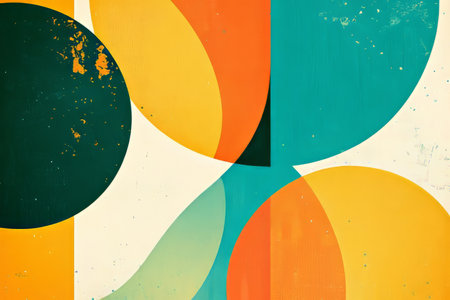 Risograph-style background with bold, layered shapes in vibrant orange, teal, and yellow, combined with grainy color transitions and a visual style that evokes vintage printing techniques for a nostalgic yet fresh lookの素材