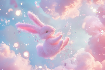 A surreal Easter Bunny made of candy floss, floating in a sky filled with swirling pastel clouds and twinkling fairy lights.の素材