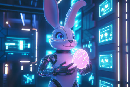 A sleek, futuristic Easter Bunny holding a glowing egg, surrounded by digital displays and neon lights.の素材