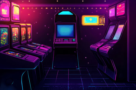 A retro arcade-themed background featuring pixelated textures, 8-bit patterns, and a dark backdrop illuminated by neon lights.の素材