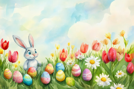 A painterly watercolor illustration of an Easter Bunny hiding colorful eggs in a field of blooming tulips and daisies under a warm spring sky.の素材