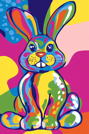 A vibrant pop-art Easter Bunny with exaggerated shapes, bright neon colors, and bold comic-style outlines, perfect for modern graphic design.の素材