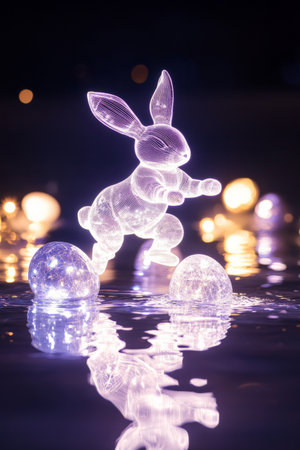 A surreal, glowing Easter Bunny made of pure light, hopping across a reflective water surface, leaving behind shimmering Easter eggs.の素材