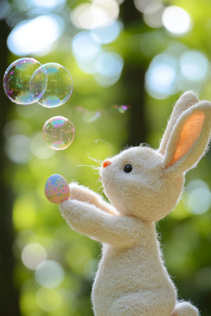 A playful Easter Bunny blowing soap bubbles, each bubble transforming into a delicate, translucent Easter egg as it drifts through the air.の素材