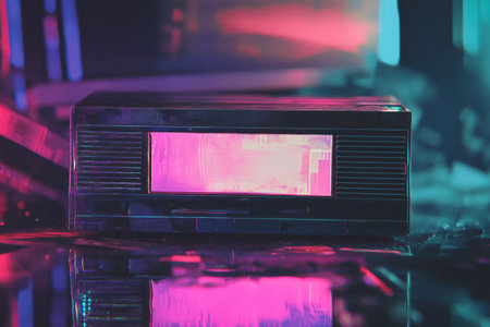 A VHS cassette-inspired background with glitch effects, neon reflections, and a grainy, analog TV screen overlay.の素材