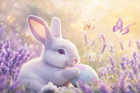 A serene Easter Bunny resting in a field of lavender, holding a pastel-colored Easter egg in its paws as butterflies gently flutter nearby.の素材