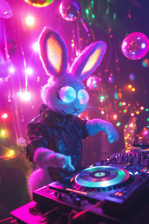 A neon-lit Easter Bunny DJ spinning records at a futuristic party, with holographic Easter eggs floating in the air as colorful lights flash.の素材