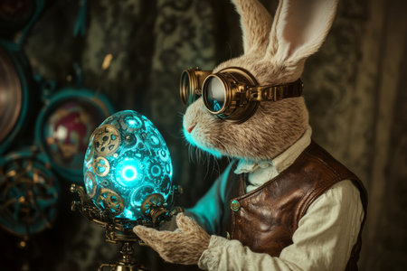 A steampunk Easter Bunny in a leather vest and brass goggles, inspecting a mechanical egg with intricate gears and glowing blue energy.の素材